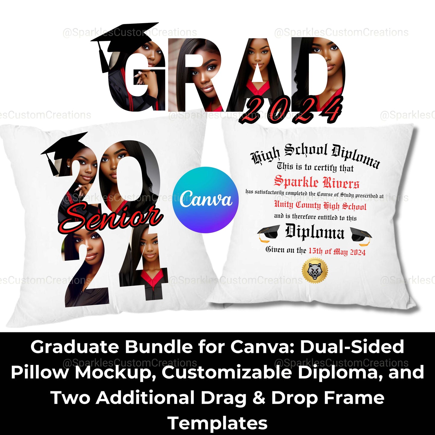 Canva-Exclusive Bundle: 2-Sided Pillow Mockup & Customizable Diploma with Drop-and-Drag Frames